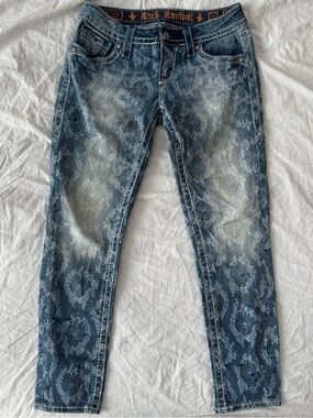 Rock Revival Women's Blue Distressed Print Skinny Jeans Size 27